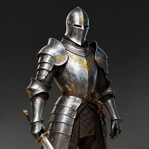 Photorealistic CGI of a medieval knight in shiny silver armor with golden emblems, black mesh underlayer, and a sword in hand, against a