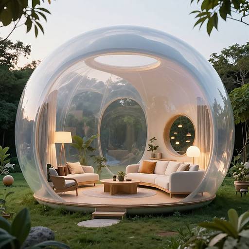 Photorealistic CGI of a transparent, spherical garden dome with cozy white furniture, lamps, and lush greenery outside at dusk.