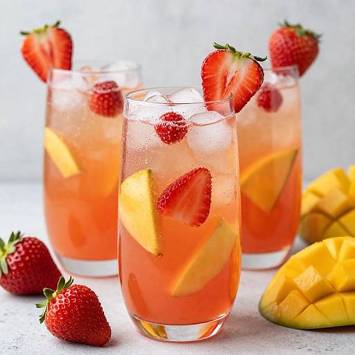 Photograph of two clear glasses filled with pink strawberry-mango iced drinks, garnished with sliced fruit and strawberry halves, set on a white surface