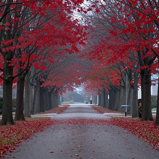 Photograph of a straight, tree-lined path with vibrant red autumn leaves, scattered leaves on the ground, and a misty background.