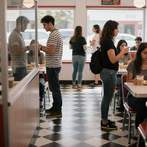 Sunlit Bustling Diner with Checkered Floor