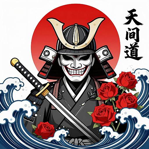 Samurai Helmet with Waves and Roses