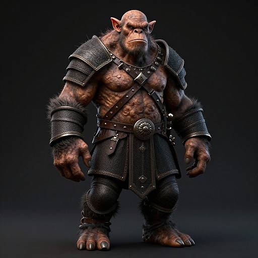 CGI orc warrior with muscular, fur-covered body, bald head, pointed ears, wearing black armored pauldrons, belt, and bracers,