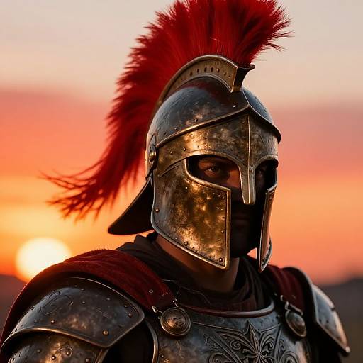 Photograph of a muscular warrior in dark, weathered armor with a red plume, face partially obscured, against a vibrant sunset.