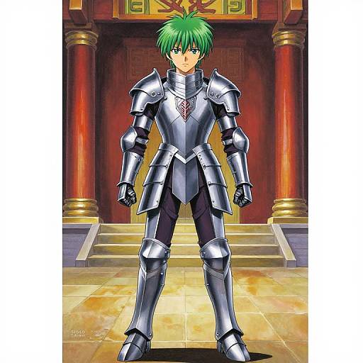 Digital anime-style drawing of a green-haired young man in full silver armor standing in a grand, red-columned hall.