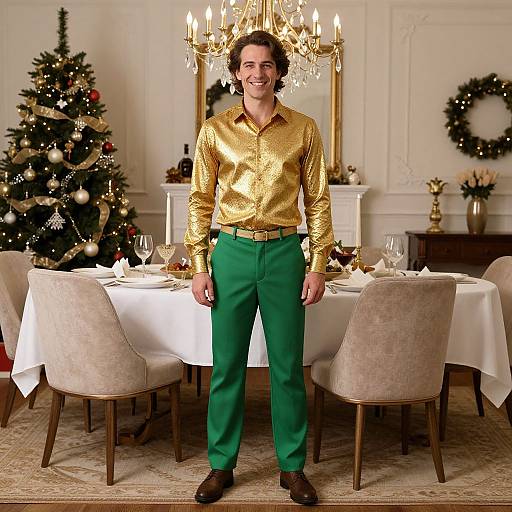 Photograph of a smiling man with curly brown hair, wearing a gold shirt and green pants, standing in a festive dining room with a decorated Christmas tree