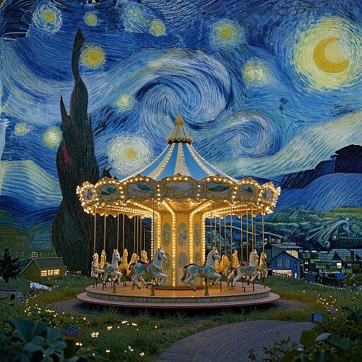 Digital art of a glowing carousel under a swirling, starry, Vincent van Gogh-style night sky, blending 