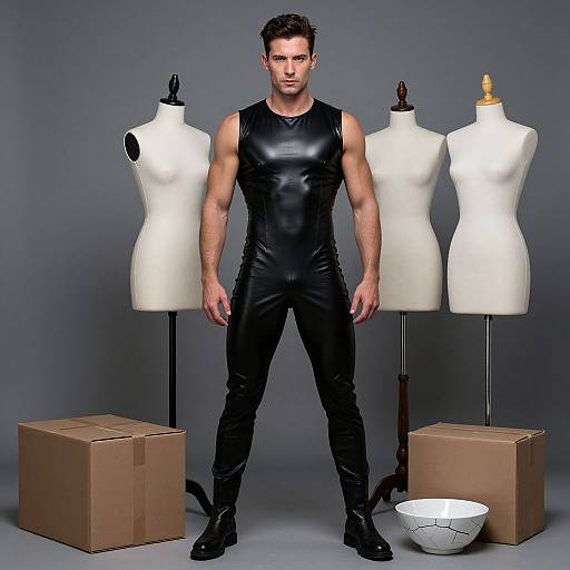 Photograph of a muscular man in black leather bodysuit, standing between three dress forms, with boxes and a cracked bowl on gray background.
