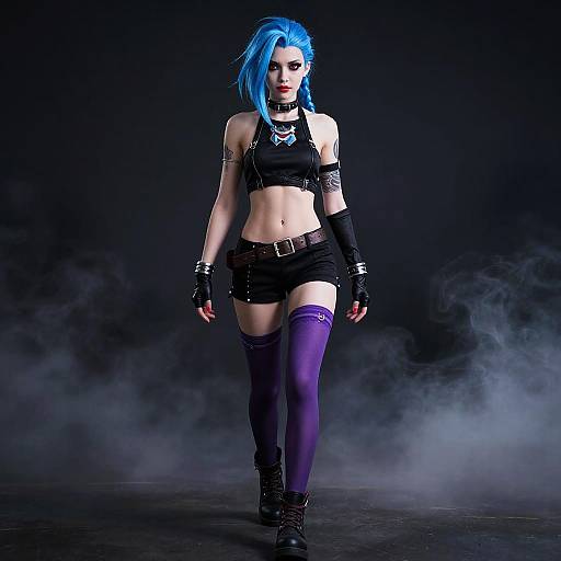 Digital artwork of a punk woman with bright blue hair, black crop top, shorts, arm bands, choker, purple thigh-high socks, and black