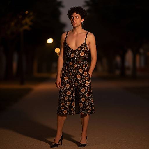 Photograph of a curly-haired man in a black floral dress with spaghetti straps, standing on a dimly lit street at night, wearing black high heels