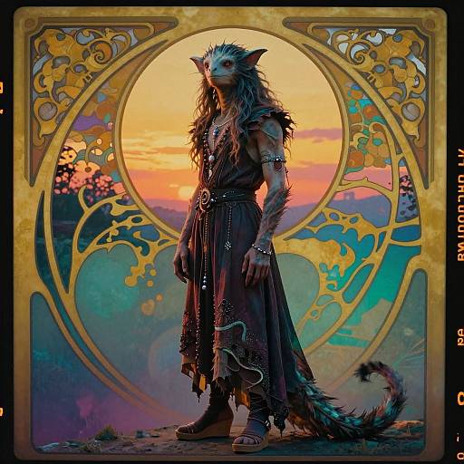 Digital art of a fierce, anthropomorphic wolf-man in medieval attire, standing before an ornate golden frame at sunset, with vibrant colors and intricate patterns
