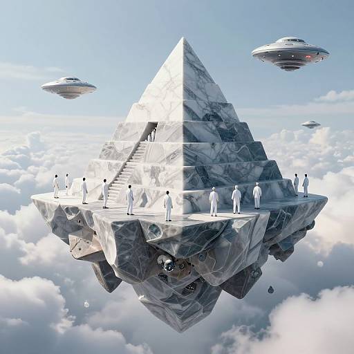 Digital artwork of a marble pyramid floating in the sky, surrounded by white humanoid figures, three UFOs, and clouds.