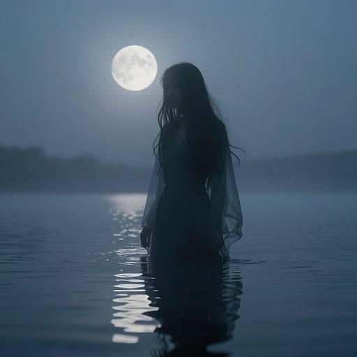 Silhouetted woman with long, wet hair stands in moonlit water, moon reflecting on her back. Photograph, nocturnal, ethereal.