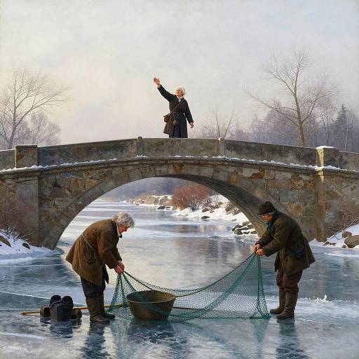 Photograph: Two elderly men on icy river, fishing net, winter, stone bridge, third man waving from bridge, leafless trees, snow.