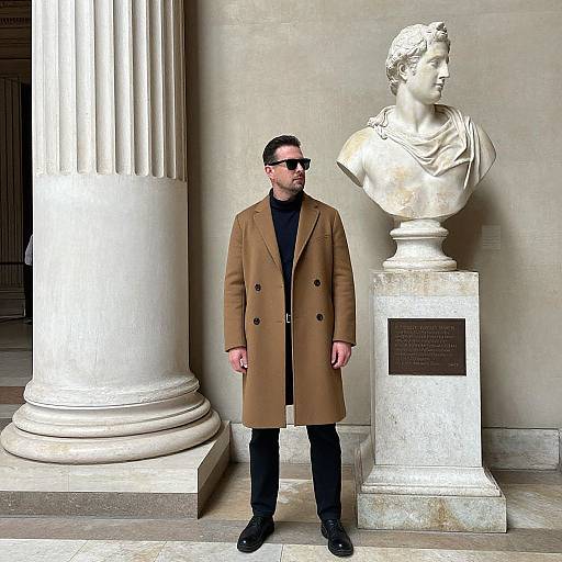 Photograph of a man in a brown coat, black shirt, and sunglasses standing between a classical statue and a large column.