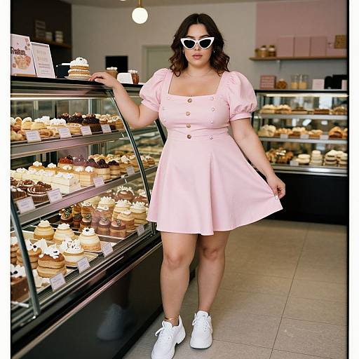 Photograph of a curvy woman with pale skin, dark curly hair, wearing white-framed glasses, a pink puffed-sleeve dress,