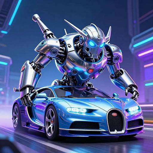 Cybernetic robot with glowing blue eyes and metallic armor driving a shiny, blue Bugatti sports car in a neon-lit futuristic city.