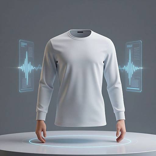 Digital CGI of a white, long-sleeved shirt floating on a glowing circular platform, with two blue ECG screens behind.