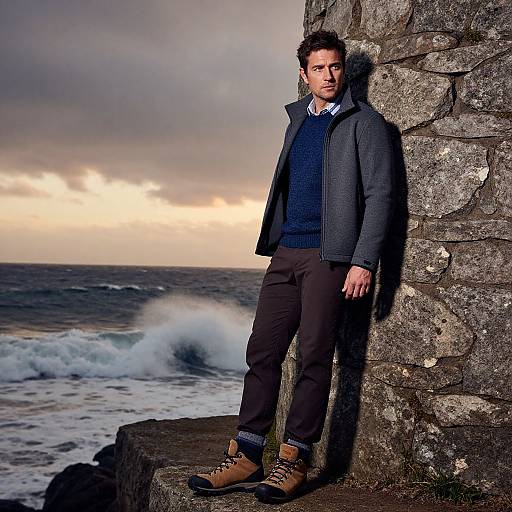 Photograph of a handsome man with short dark hair, wearing a gray jacket, blue sweater, black pants, and brown boots, leaning against a stone