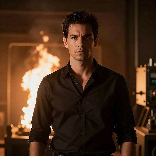 Serious man with firelight glow in industrial room