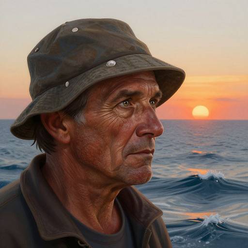 Photograph of an elderly man with weathered skin, wearing a camouflage bucket hat, gazing at a vibrant sunset over the ocean.