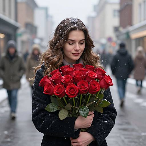 Photograph of a young woman with wavy brown hair, wearing a black coat, holding a bouquet of red roses, standing in a snowy, blurred