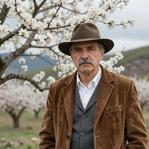 Serious Man Against Blooming Tree Background
