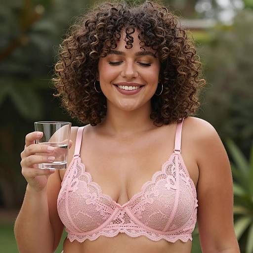 Curly-haired woman in pink lace bra holding glass