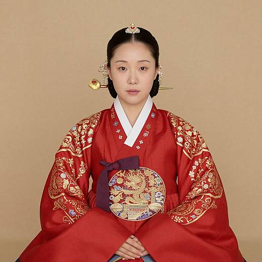 Photograph of an East Asian woman in an ornate red traditional Korean hanbok with gold embroidery, black hair in a bun, and gold hair