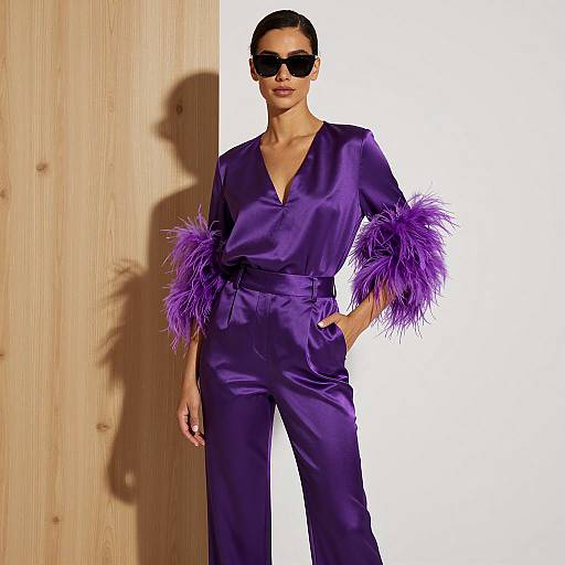 Woman in Purple Satin Suit with Feathered Sleeves
