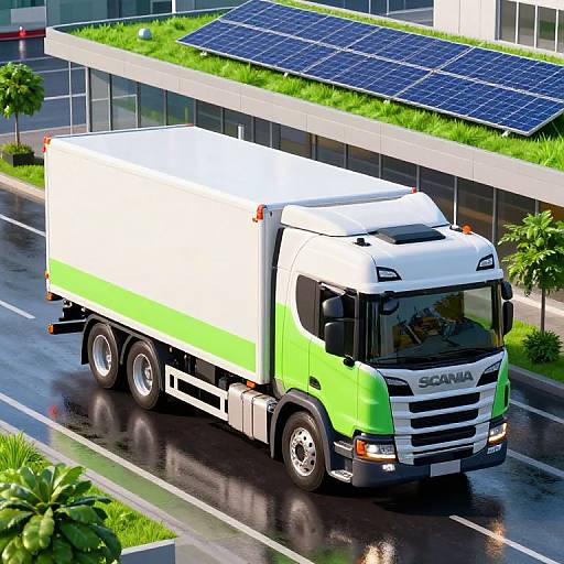 Photograph of a green and white Scania delivery truck driving on a wet, sunlit urban road with solar panels and greenery in the background.