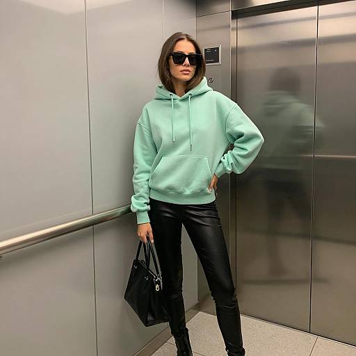 Woman in Green Hoodie and Leather Leggings in Elevator