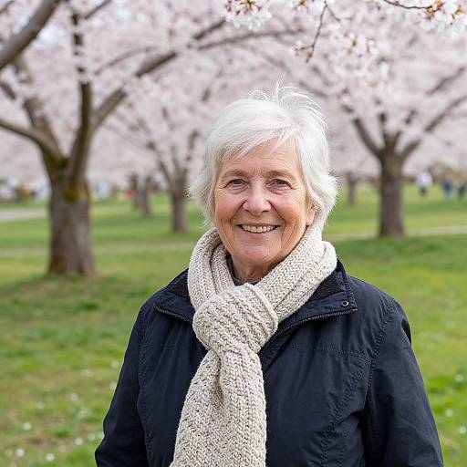 Photograph of smiling elderly woman with short white hair, wearing black jacket and white knit scarf, standing in blooming cherry blossom park.