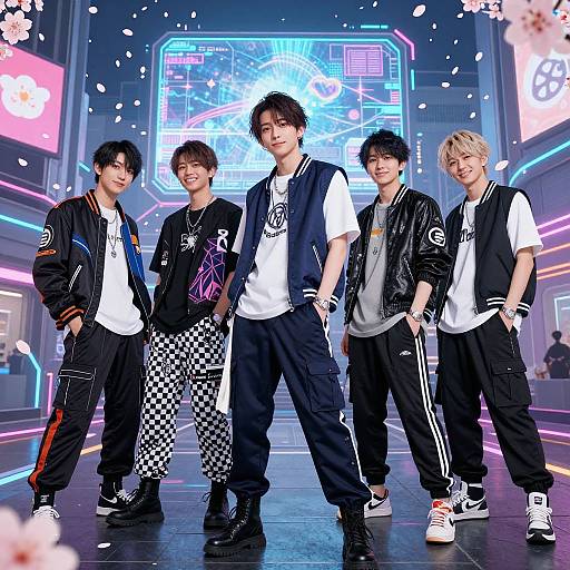 Photograph of five Asian teenage boys in a futuristic, neon-lit room. They wear black and white outfits, checkered pants, and sport casual