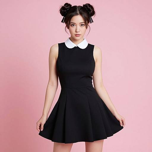 Photograph of an East Asian woman with double bun hairstyle, wearing a sleeveless black dress with a white Peter Pan collar, standing against a pink background