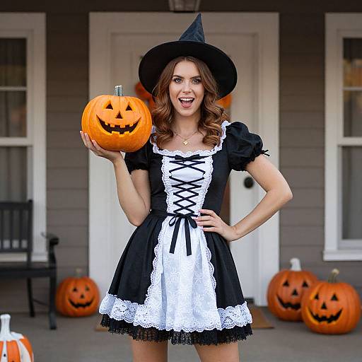 Photograph of a smiling woman in a black-and-white witch costume with a pumpkin in hand, standing on a porch with carved pumpkins.