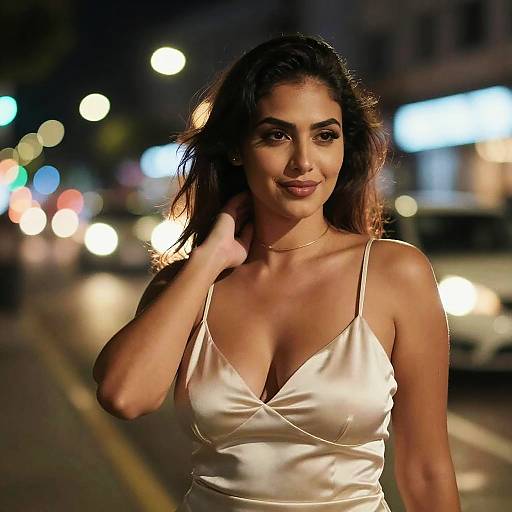 Photograph of a smiling woman with dark hair, wearing a white satin dress with a deep V-neck, standing on a nighttime city street with blurred street