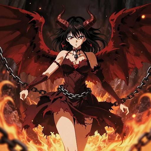 Digital anime-style illustration of a fierce, dark-haired demon girl with red wings and horns, standing in fiery flames, wearing a tattered black dress and