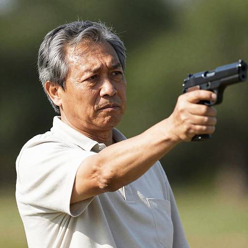 Serious Middle-Aged Man Aiming Gun Outdoors