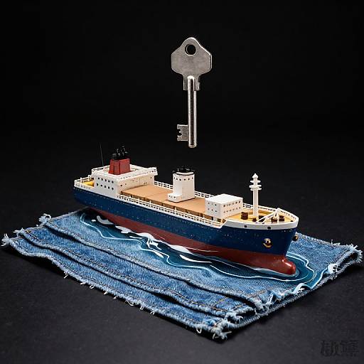 Photograph of a detailed, blue-and-red model ship with a giant keyhole on top, resting on a frayed blue cloth against a black background