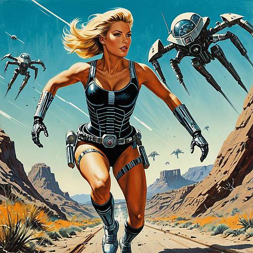 Blonde Cybernetic Woman Fleeing Drones in Desert Canyon