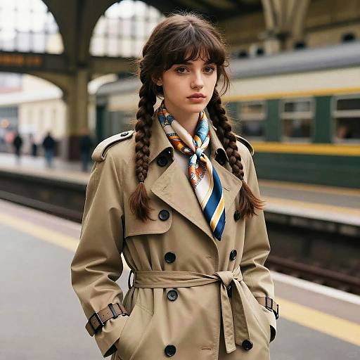 Young Woman with Braided Bangs and Trench Coat at Train Station