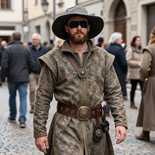 Photograph of a bearded man in medieval attire with a wide-brimmed hat, sunglasses, and a brown, belted tunic, standing