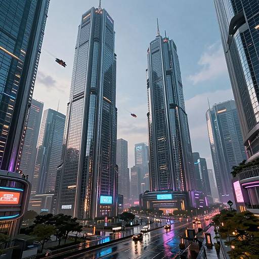 Photograph of a futuristic cityscape at dusk with towering skyscrapers, neon lights, flying drones, and a bustling street below.