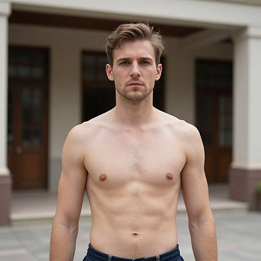 Photograph of a shirtless, attractive, young Caucasian man with short brown hair, blue eyes, and a fit, muscular build, standing in front