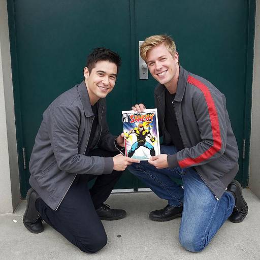 Men Signing Comics in Front of Door