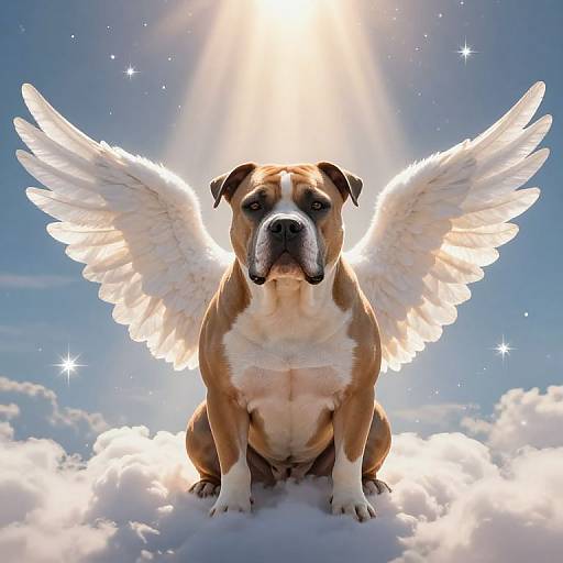Photograph of a brown and white bulldog with large white angel wings, sitting on a fluffy cloud against a bright sky with sun rays and stars.
