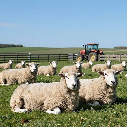 Photograph of a sunny pasture with several white sheep lying on green grass, red tractor in the background, and clear blue sky above.