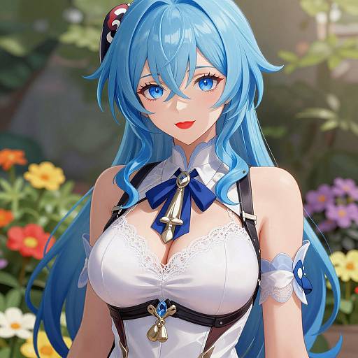 Digital anime-style drawing of a blue-haired girl with large blue eyes, wearing a white lace-trimmed top, blue ribbon, and key accessory,