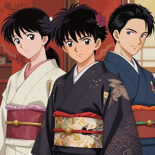 Anime-style illustration of three young Japanese men in traditional kimonos; two with black hair, one with dark blue hair; red, white, and